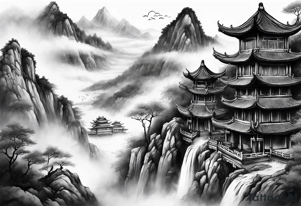 forearm sleeve traditional chinese art painting Chinese temple two old men wearing robes and drinking tea mountains mist fog waterfall tattoo idea