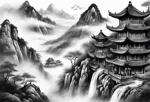 forearm sleeve traditional chinese art painting Chinese temple two old men wearing robes and drinking tea mountains mist fog waterfall tattoo idea