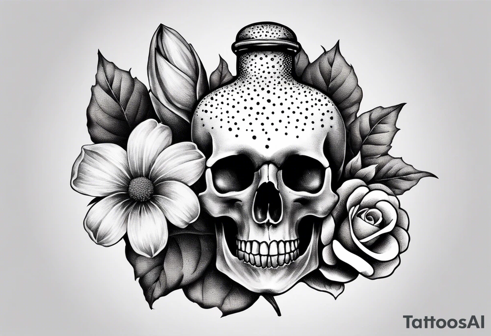 Flowers, potions, small skull, big flowers small snake with dot work in between tattoo idea