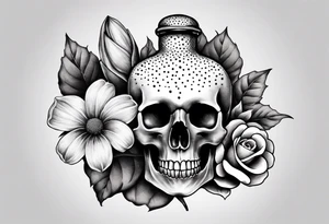 Flowers, potions, small skull, big flowers small snake with dot work in between tattoo idea