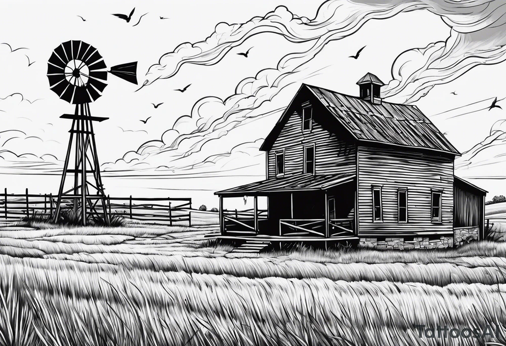 An old oklahoma farmhouse being swept away in a tornado.  In the landscape there is an old windmill in the distance and a Scissortail flycatcher perched on a fence. tattoo idea