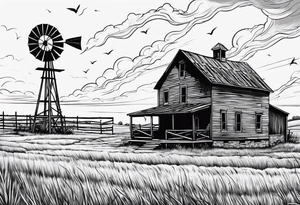 An old oklahoma farmhouse being swept away in a tornado.  In the landscape there is an old windmill in the distance and a Scissortail flycatcher perched on a fence. tattoo idea