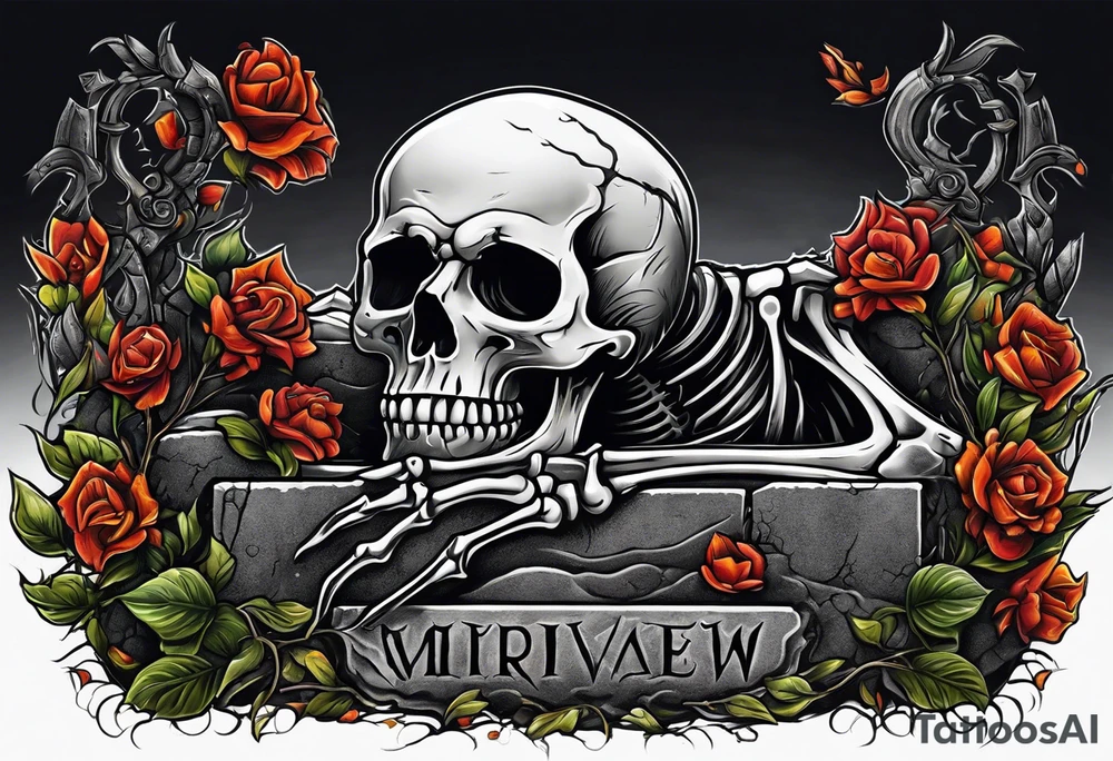 Skeleton crawling out of grave. 
MIW Reincarnate written on gravestone tattoo idea