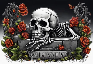 Skeleton crawling out of grave. 
MIW Reincarnate written on gravestone tattoo idea