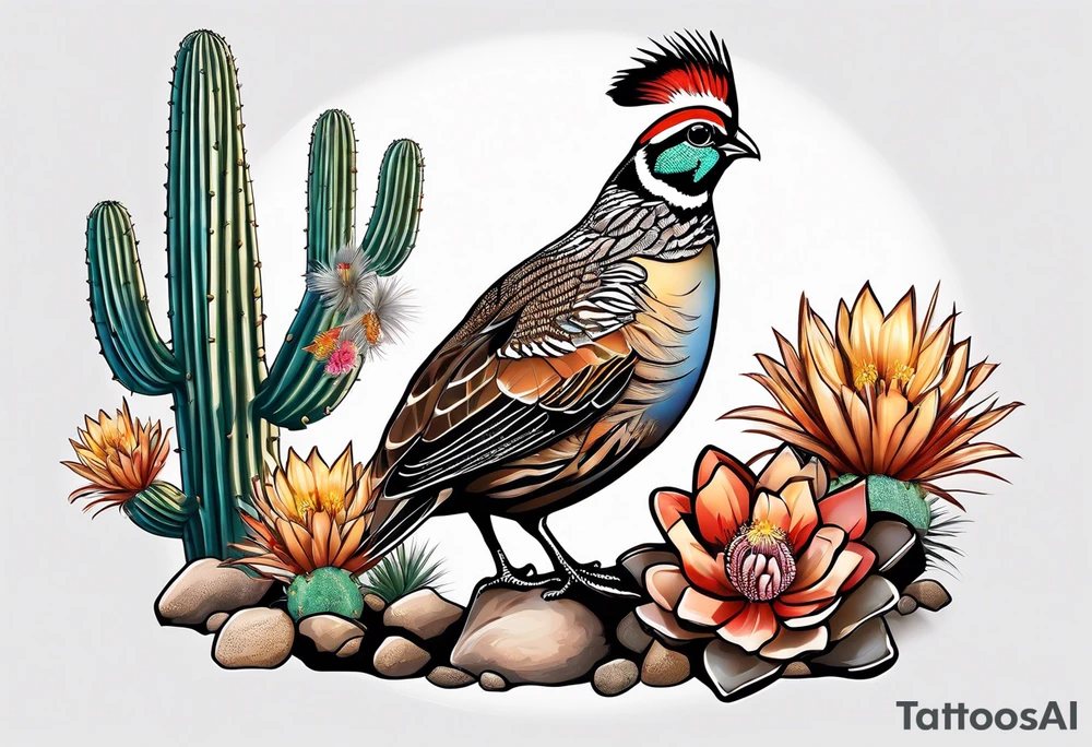 Three quails, desert flowers, cactus, ocotillo, tattoo idea