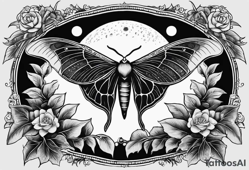 luna moth anatomically correct with moon phases arched under the moth, and the words "carpe noctem" above it in sans serif font tattoo idea