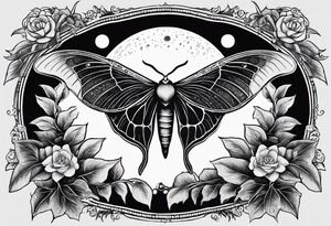 luna moth anatomically correct with moon phases arched under the moth, and the words "carpe noctem" above it in sans serif font tattoo idea