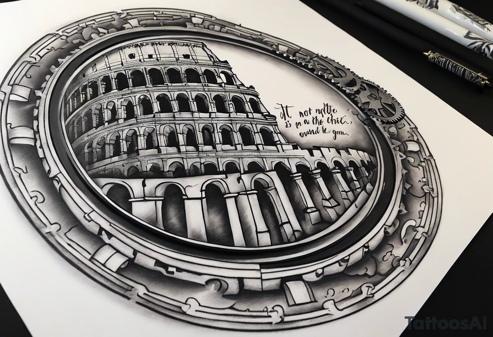 A mechanical clock with internal gears and a weathered Roman colosseum in the background. A script quote, “it’s not the critic that counts it’s the man in the arena@ embedded tattoo idea