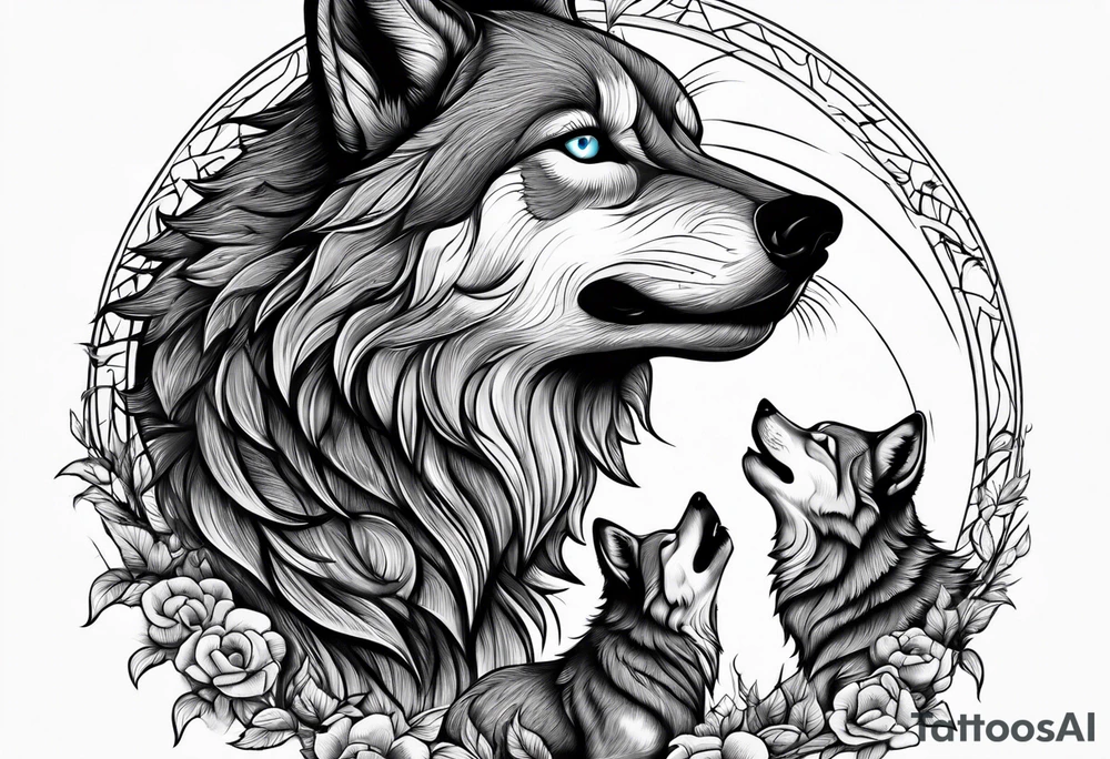 Wolfs and cubs howling at moon tattoo idea