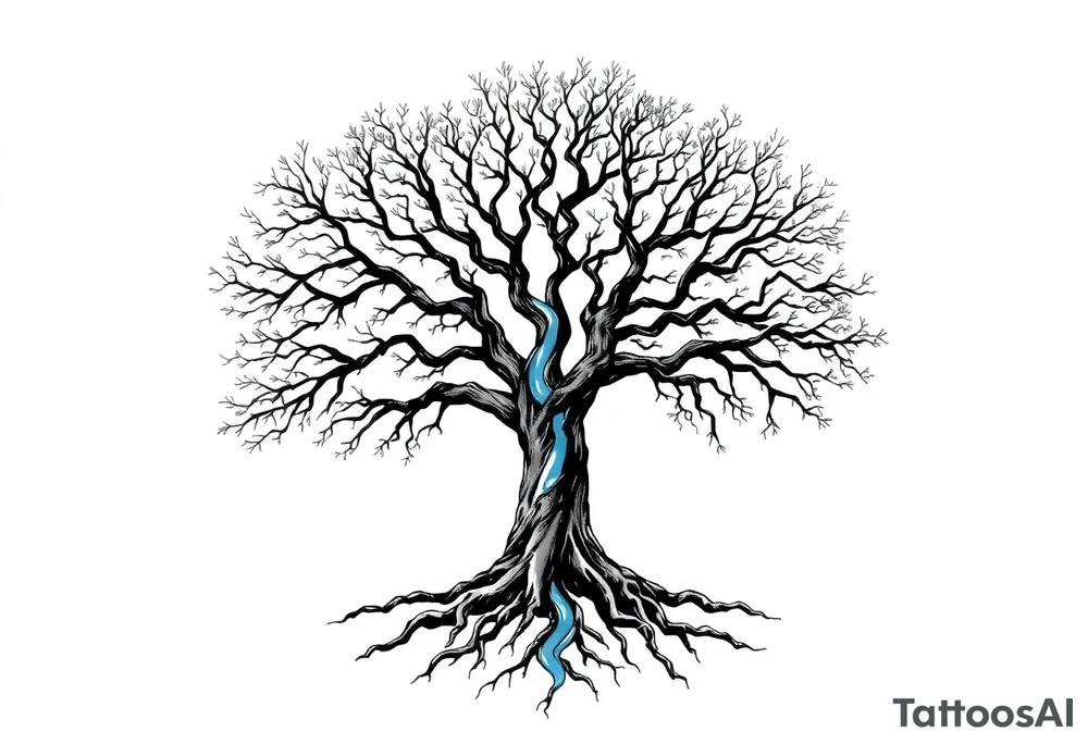 Black and white deciduos Tree with roots. Blue water inside the whole tree like many thin veins, flows from the brunches to the roots tattoo idea