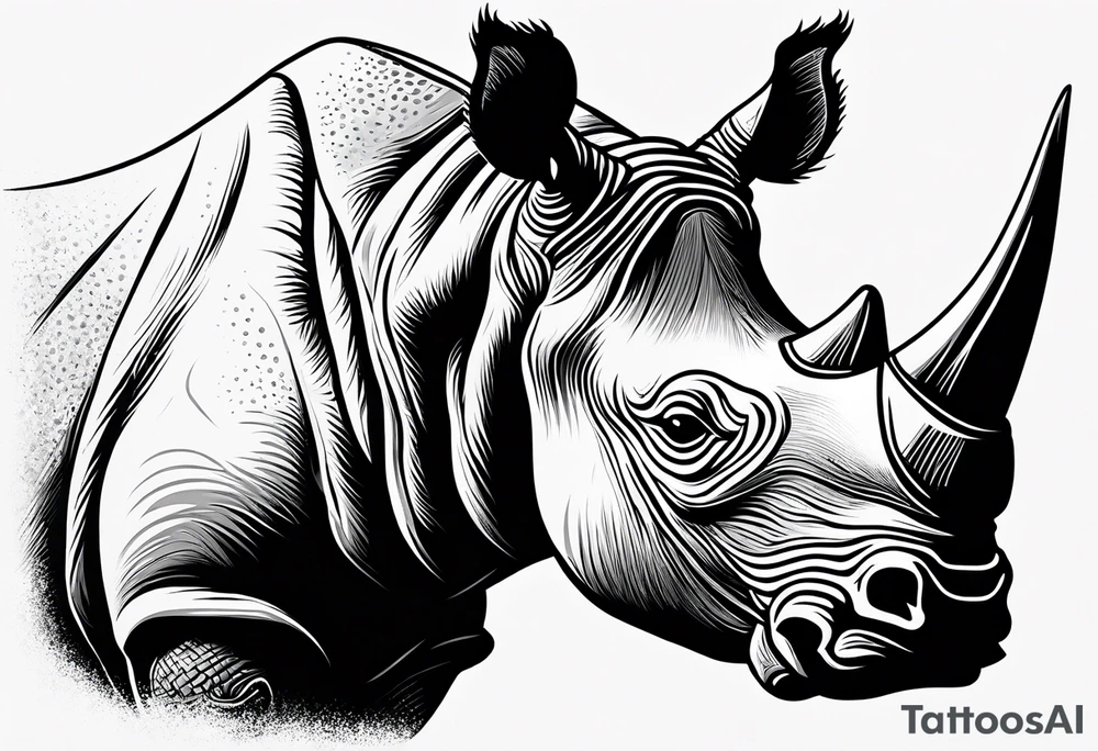 A rhino head with a dark attitude, and a sharp elongated tusk. tattoo idea