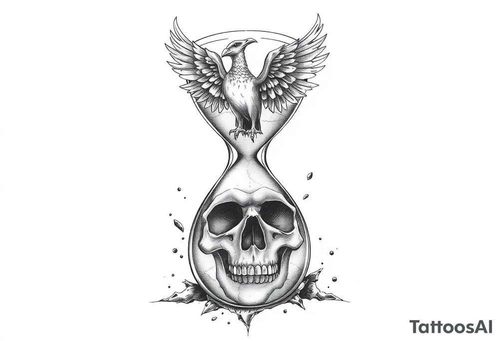 A cracked hourglass with the sands forming a skull below and a phoenix rising from the top. tattoo idea
