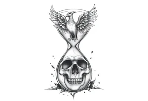 A cracked hourglass with the sands forming a skull below and a phoenix rising from the top. tattoo idea