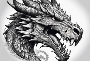 Fierce dragon, skull, tree line, momento mori tattoo idea