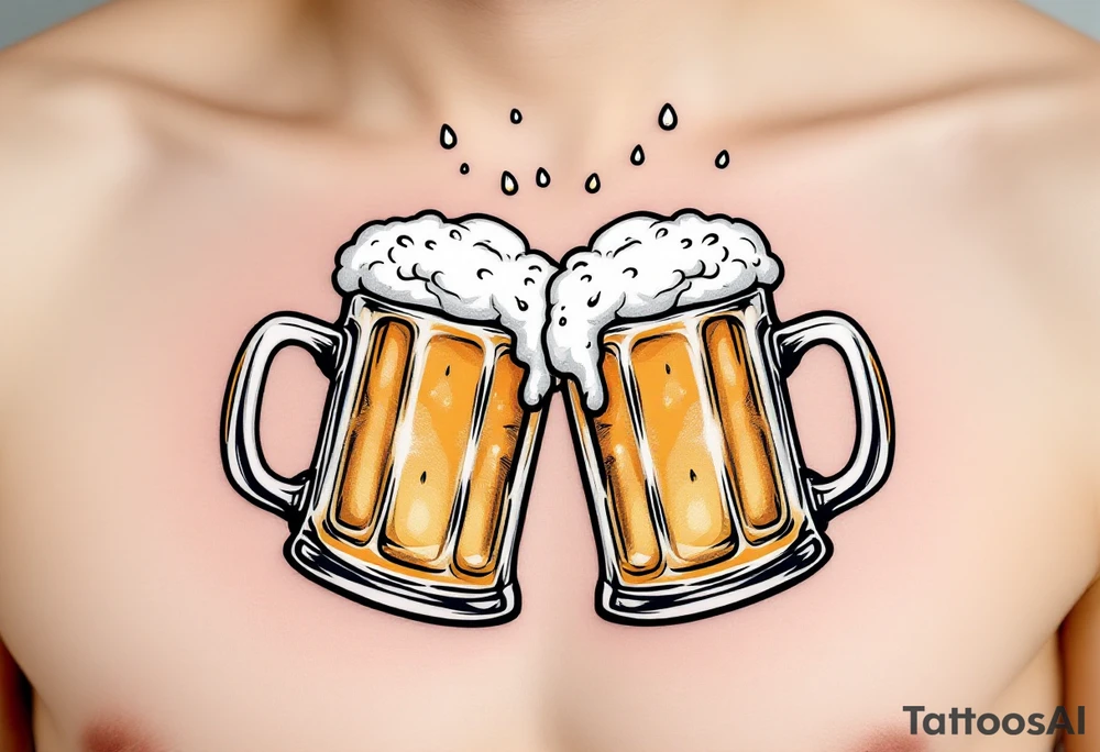Beer Mug Cheers – Two clinking frosty beer mugs with golden amber beer and overflowing white foam, droplets flying off. Perfect in traditional tattoo style with bold lines. tattoo idea