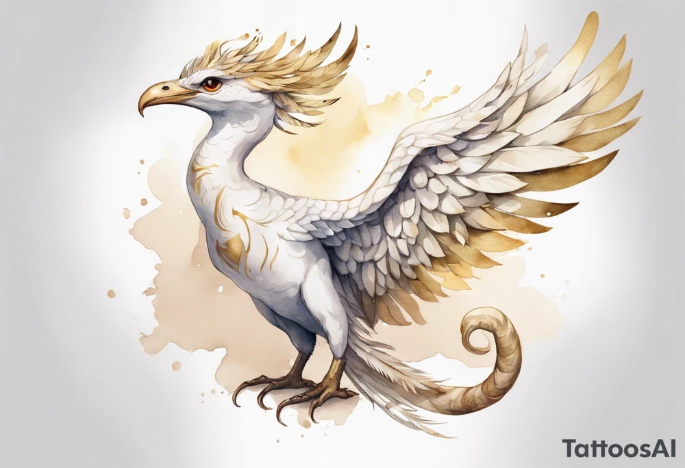 a watercolor of a white bird-serpent hybrid wearing a plain crown, with light gold wing feathers tattoo idea