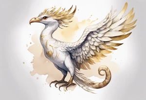 a watercolor of a white bird-serpent hybrid wearing a plain crown, with light gold wing feathers tattoo idea