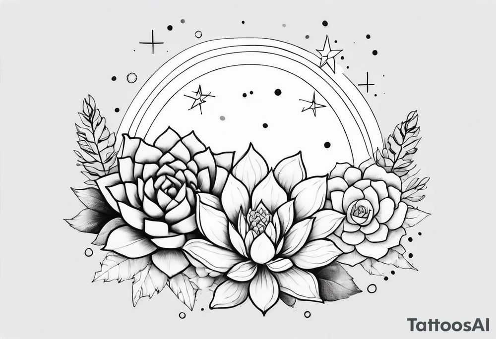 fine line with sun, stars, floral, dots, three succulents
. Sternum tattoo grey scale shading tattoo idea