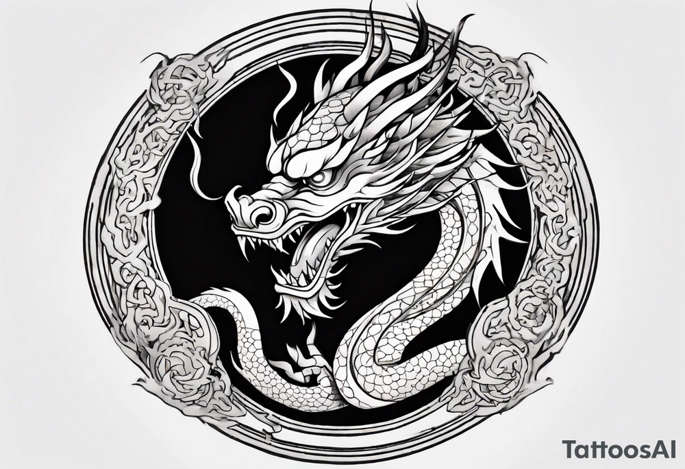 Chinese dragon in a circular shape with "02.03" written on its skin tattoo idea