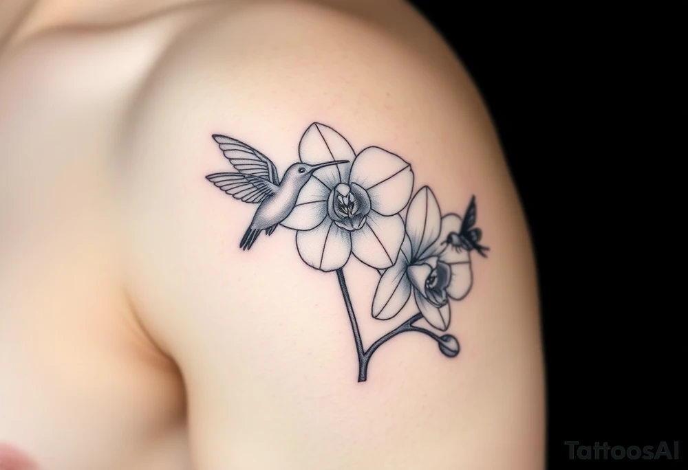 A delicate, black and white fine-line tattoo for male, featuring gracefully detailed 2 orchids in full bloom including their stems, with soft, intricate petals and elegant curves. Beside it, a hummingbird hovers mid-flight, its wings drawn with subtle motion lines, its slender beak reaching toward the orchid’s center to drink its nectar. on the other flower there is a bee that is resting tattoo idea