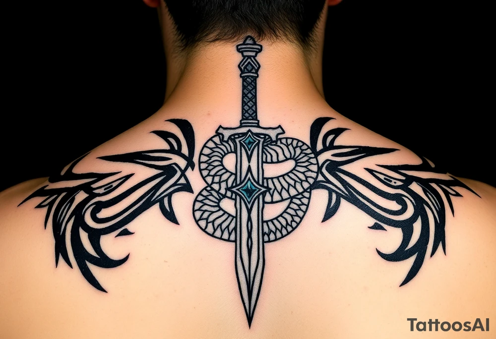 mystical snake coiled around an ancient dagger with jeweled hilt tattoo idea