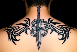 mystical snake coiled around an ancient dagger with jeweled hilt tattoo idea