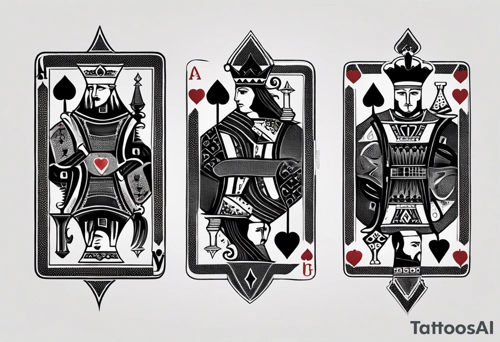 one combined tatto in minimalistic style with icon style three king of spades and icon style one queen of hearts. extreme minimalstic and few lines. much more minimalistic and fewer lines tattoo idea