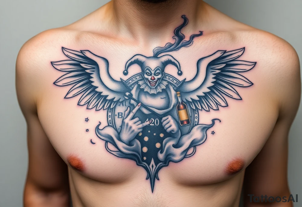 a jester clown floating in smoke with a  clock, the time says 420,  with two open wings besides the clock, smoke as the spring rising from the clock, a jester clown coming out the smoke, smoking in one hand with a liquor bottle on the other hand tattoo idea