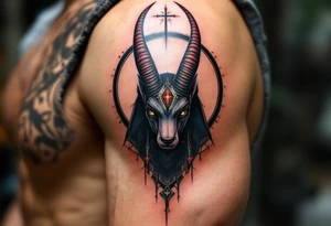 An Anubis with a Halo - Blending Egyptian mythology with Christian spirituality (only red , blue and black are possible colors) tattoo idea