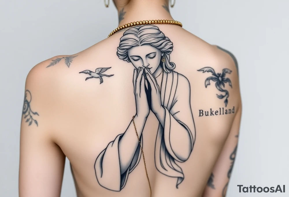 Based on that statue, modify it as if it were praying, with tattoos/damaged statue, with gold necklaces, jewelry, criminal, black and white tattoo style, arm, tattoo idea