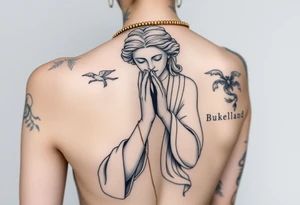 Based on that statue, modify it as if it were praying, with tattoos/damaged statue, with gold necklaces, jewelry, criminal, black and white tattoo style, arm, tattoo idea