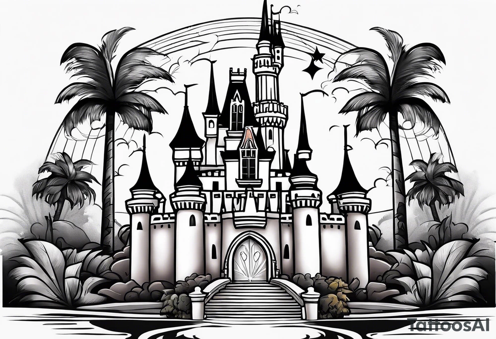 disney castle with lightning palm trees and a mickey mouse tattoo idea