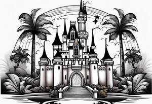 disney castle with lightning palm trees and a mickey mouse tattoo idea