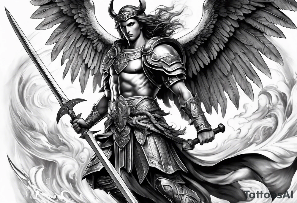 Arm sleeve of St Michael killing the devil with a spear tattoo idea