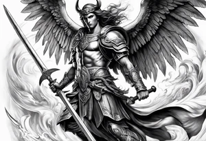 Arm sleeve of St Michael killing the devil with a spear tattoo idea