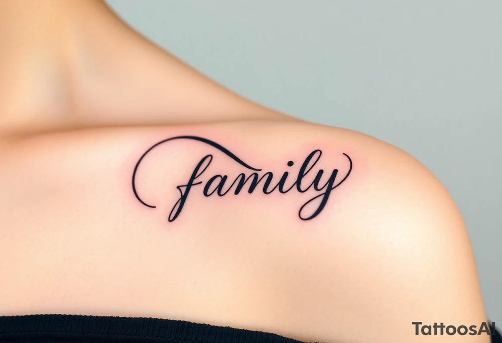 A flowing infinity symbol intertwined with the word "family" written in elegant cursive tattoo idea