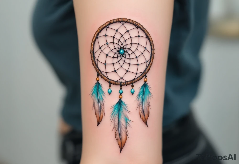 Dreamcatcher (česky lapač snů) tattoo featuring soft turquoise and beige feathers, a brown woven hoop with light blue beads, symbolizing protection and peaceful dreams in a delicate, boho style. tattoo idea