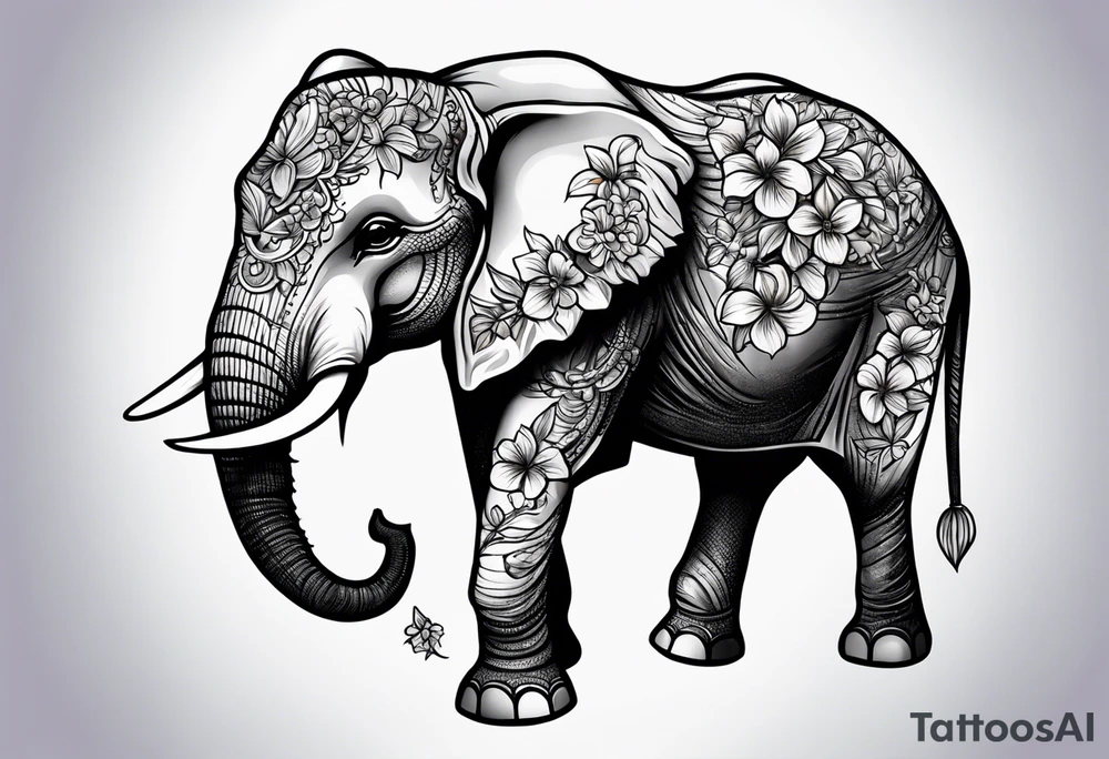 Seated elephant with raised trunk holding lilacs tattoo idea