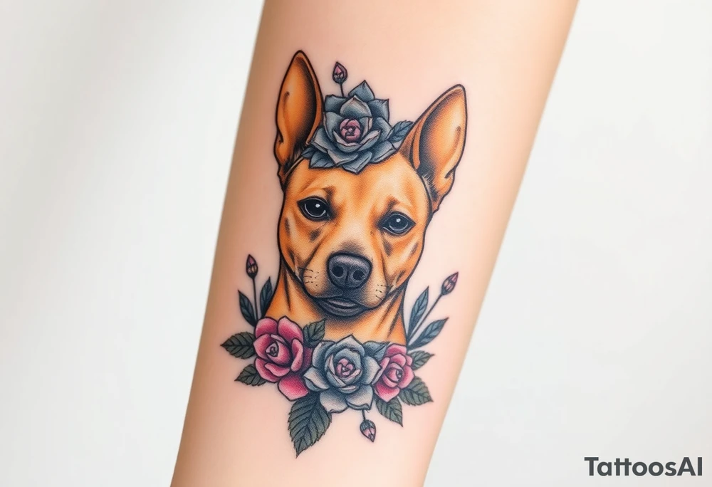 tan staffie with succulents and flowers surrounding her head tattoo idea