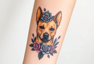 tan staffie with succulents and flowers surrounding her head tattoo idea