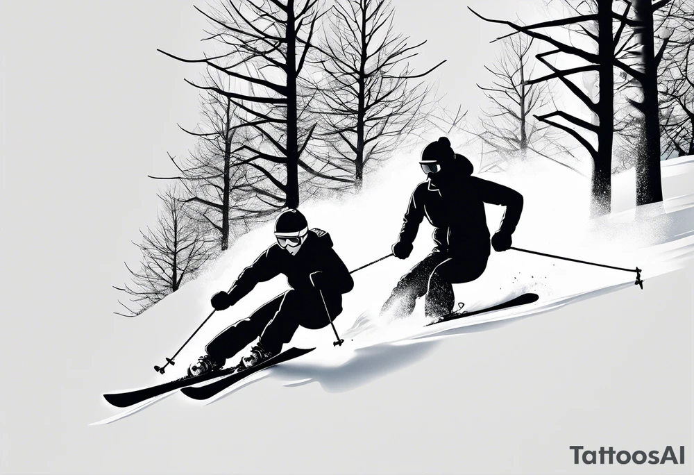 minimalist tattoo of a snow skier sking through trees showing ski trail tattoo idea