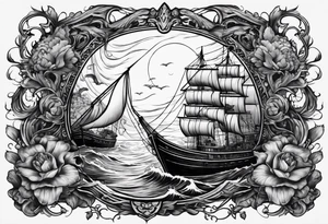 A sale ship sinking with two mermaids, either side, one which is trying to save the boat and one which is trying to help sink it tattoo idea