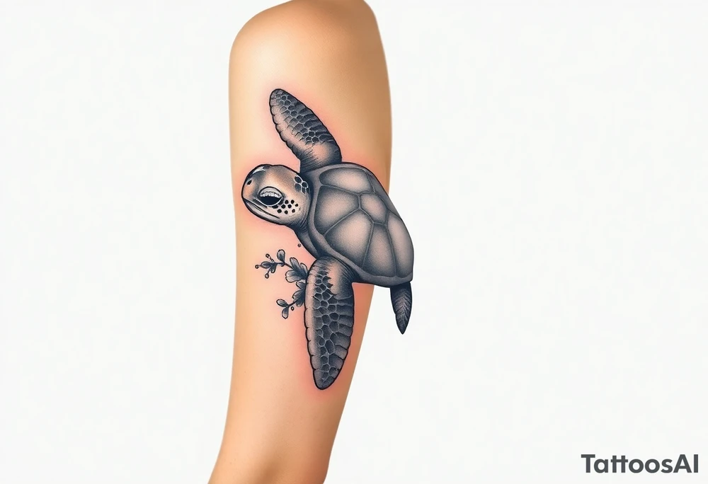 Baby sea turtle with ocean scene tattoo idea