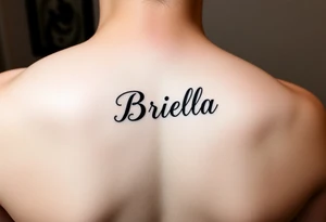 "Briella" in gothic yet feminine font on hand along thumb tattoo idea