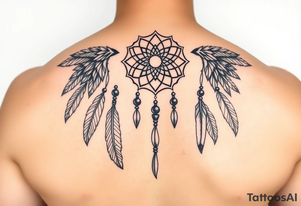 native dreamcatcher with flowing feathers and sacred beads tattoo idea