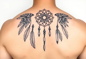 native dreamcatcher with flowing feathers and sacred beads tattoo idea