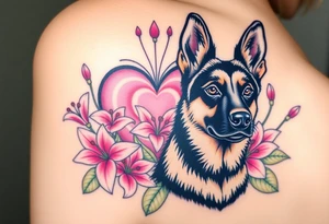 strong looking short haired german shepherd with alert ears surrounded by pink lilies with large leaves in front of a sacred heart tattoo idea