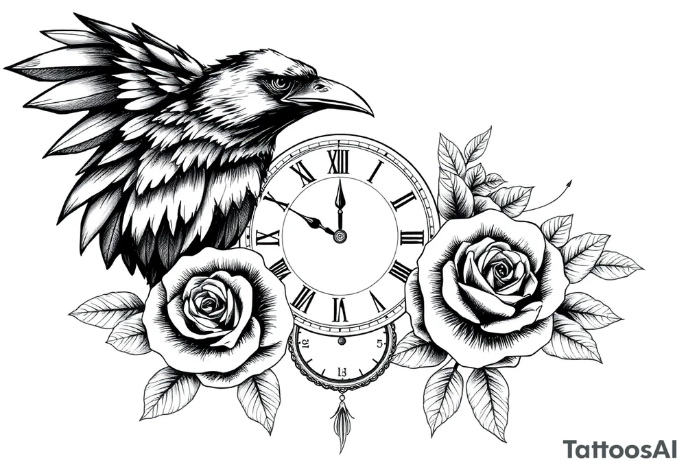 raven,roses,clock. tattoo idea