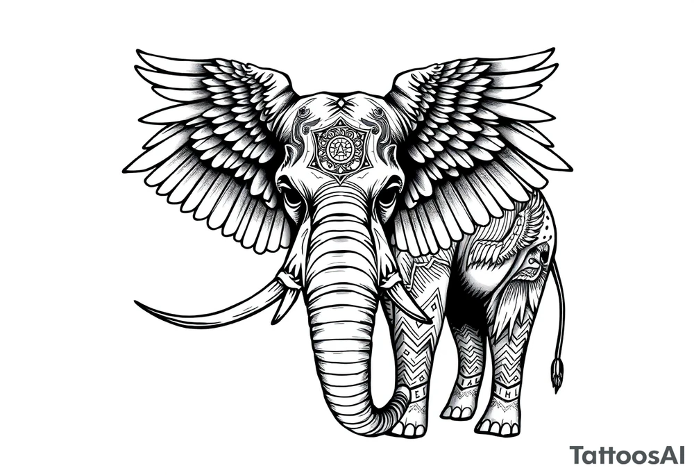 A horned African elephant with ears that resemble the wings of a falcon and covered in Egyptian symbolism tattoo idea