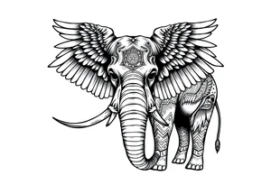 A horned African elephant with ears that resemble the wings of a falcon and covered in Egyptian symbolism tattoo idea